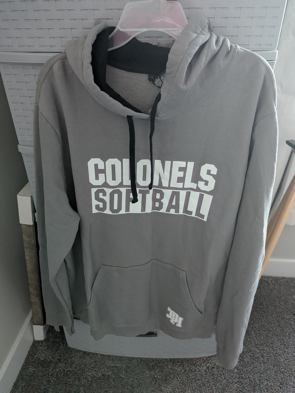District Gray Hooded Sweatshirt with White 'Colonels Softball' Print